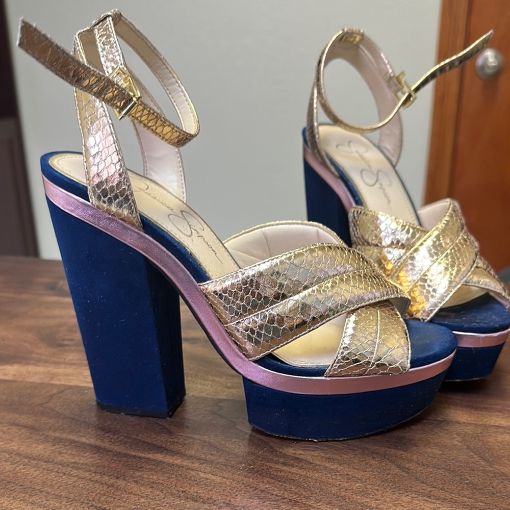7.5 Gold and Blue Platform Sandals by Jessica Simpson